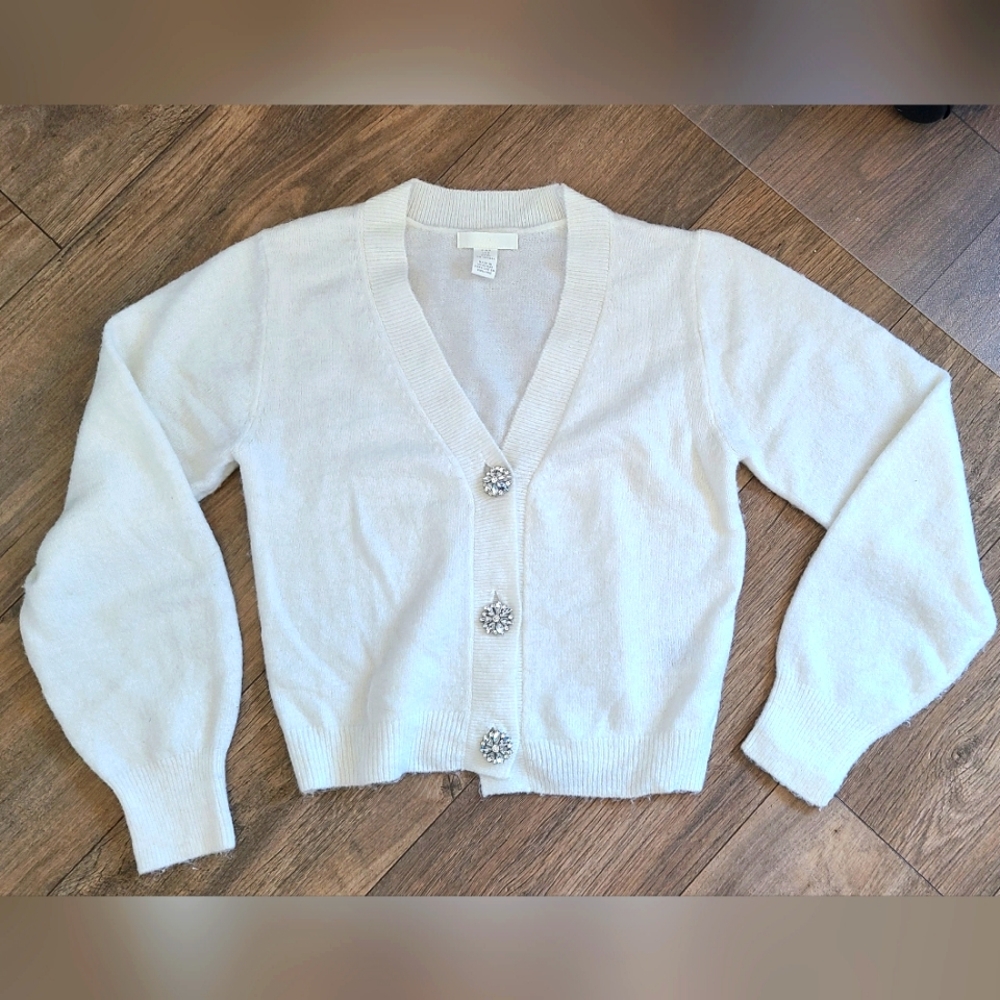 H&M White Cardigan With Rhinstone Flower Buttons
